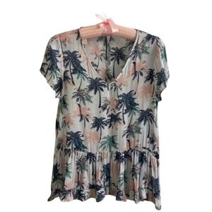 🌴Ro & De Palm Print V-Neck Ruffle Blouse, S/M